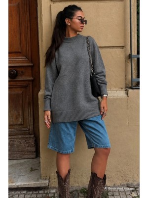 Madmext Antrasit Bisiklet Yaka Oversize Uzun Kadın Triko Kazak MG2890