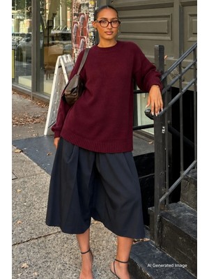 Madmext Bordo Bisiklet Yaka Oversize Uzun Kadın Triko Kazak MG2890