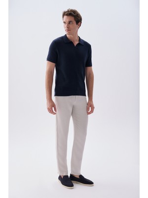 Mudo Erkek Bej Rengi Straight Fit Keten Karışımlı Pantolon