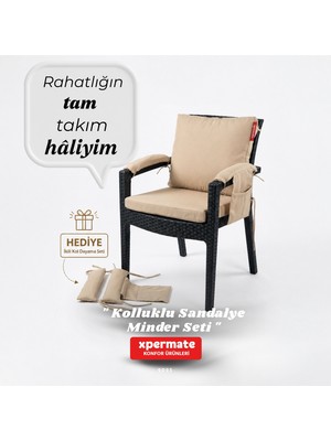 Xpermate 4 Parçalı Sırtlıklı Sandalye Minderi 46 x 46 cm Kol Pedli Su ve Leke Itici Bağcıklı Bahçe Balkon Minderi Seti