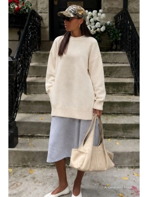 Madmext Ekru Bisiklet Yaka Oversize Uzun Kadın Triko Kazak MG2890