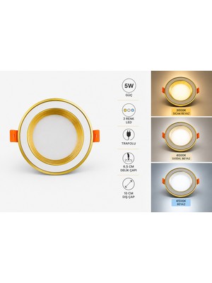 Efesays 5W 3 Renk LED Spot Gold Beyaz Kasa 3000K 4000K 6500K 6,5 cm Delik Çapı 10 cm Dış Çap Trafolu