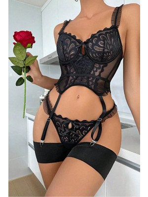 Selveta Siyah Dantelli Bodysuit Jartiyer Detaylı Takım
