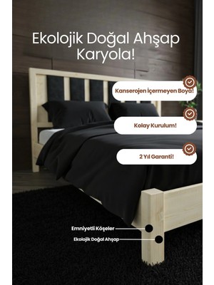 Renazzo Mobilya Ori̇on Model Lacivert Puf Başlıklı Masif Ahşap Karyola Kolay Kurulum Fırınlanmış Ithal Sibirya Çamı 90X190 Yatak Uyumlu