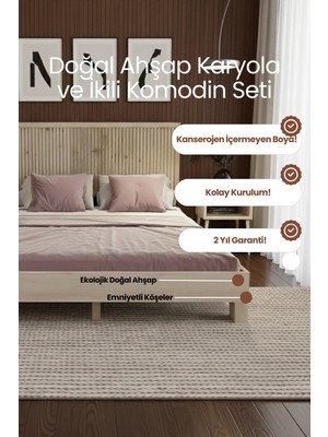 Renazzo Mobilya Alaz Model Dikey Başlıklı Masif Ahşap Karyola ve 2 Adet Komodin Kolay Kurulum Fırınlanmış Ithal Sibirya Çamı 90X200 Yatak Uyumlu 2 Adet Komodin