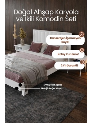 Renazzo Mobilya Hüma Model Dikey Başlıklı Masif Ahşap Karyola ve 2 Adet Komodin Kolay Kurulum Fırınlanmış Ithal Sibirya Çamı 120X200 Yatak Uyumlu 2 Adet Komodin