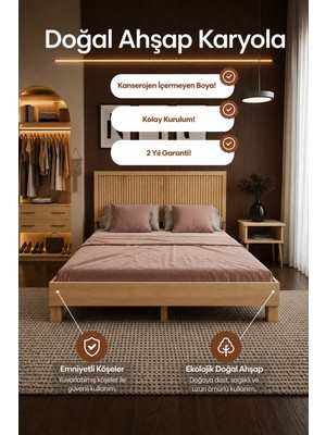 Renazzo Mobilya Alaz Model Dikey Başlıklı Masif Ahşap Karyola Kolay Kurulum Fırınlanmış Ithal Sibirya Çamı 120X200 Yatak Uyumlu