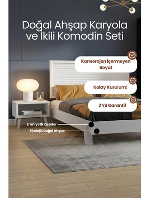 Renazzo Mobilya Ebruli̇ Model Yatay Başlıklı Masif Ahşap Karyola ve 2 Adet Komodin Kolay Kurulum Fırınlanmış İthal Sibirya Çamı 90x190 Yatak Uyumlu 2 Adet Komodin - Beyaz Renk