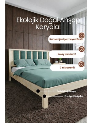 Renazzo Mobilya Ori̇on Model Çağla Yeşili Puf Başlıklı Masif Ahşap Karyola Kolay Kurulum Fırınlanmış Ithal Sibirya Çamı 120X200 Yatak Uyumlu