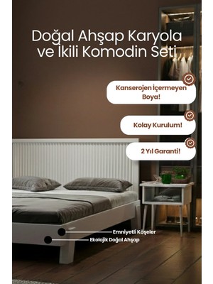 Renazzo Mobilya Ebruli̇ Model Dikey Başlıklı Masif Ahşap Karyola ve 2 Adet Komodin Kolay Kurulum Fırınlanmış Ithal Sibirya Çamı 120X200 Yatak Uyumlu 2 Adet Komodin