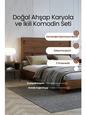 Renazzo Mobilya Alaz Model Yatay Başlıklı Masif Ahşap Karyola ve 2 Adet Komodin Kolay Kurulum Fırınlanmış Ithal Sibirya Çamı 90X190 Yatak Uyumlu 2 Adet Komodin