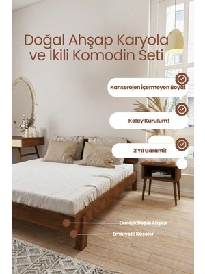 Renazzo Mobilya Damla Model 2 Başlıklı Masif Ahşap Karyola ve 2 Adet Komodin Kolay Kurulum Fırınlanmış Ithal Sibirya Çamı 200X200 Yatak Uyumlu 2 Adet Komodin