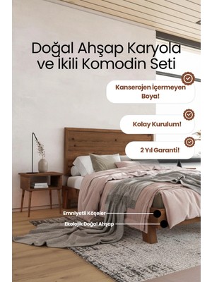 Renazzo Mobilya Hüma Model Yatay Başlıklı Masif Ahşap Karyola ve 2 Adet Komodin Kolay Kurulum Fırınlanmış Ithal Sibirya Çamı 90X190 Yatak Uyumlu 2 Adet Komodin