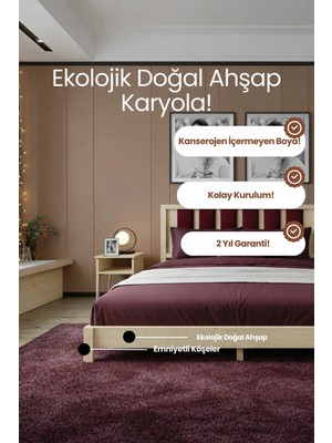Renazzo Mobilya Ori̇on Model Bordo Puf Başlıklı Masif Ahşap Karyola Kolay Kurulum Fırınlanmış Ithal Sibirya Çamı 90X190 Yatak Uyumlu