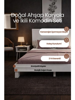 Renazzo Mobilya Alaz Model Dikey Başlıklı Masif Ahşap Karyola ve 2 Adet Komodin Kolay Kurulum Fırınlanmış Ithal Sibirya Çamı 90X190 Yatak Uyumlu 2 Adet Komodin