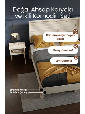 Renazzo Mobilya Ebruli̇ Model Yatay Başlıklı Masif Ahşap Karyola ve 2 Adet Komodin Kolay Kurulum Fırınlanmış Ithal Sibirya Çamı 90X200 Yatak Uyumlu 2 Adet Komodin