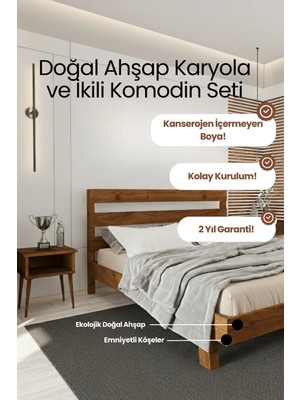 Renazzo Mobilya Natura New Model Masif Ahşap Karyola ve 2 Adet Komodin Kolay Kurulum Fırınlanmış Ithal Sibirya Çamı 140X200 Yatak Uyumlu 2 Adet Komodin