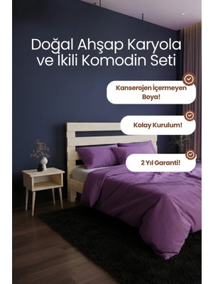 Renazzo Mobilya Urban Model Masif Ahşap Karyola ve 2 Adet Komodin Kolay Kurulum Fırınlanmış Ithal Sibirya Çamı 90X200 Yatak Uyumlu 2 Adet Komodin