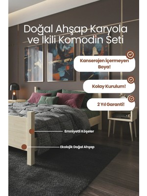 Renazzo Mobilya Melodi̇ Model Masif Ahşap Karyola ve 2 Adet Komodin Kolay Kurulum Fırınlanmış Ithal Sibirya Çamı 150X200 Yatak Uyumlu 2 Adet Komodin
