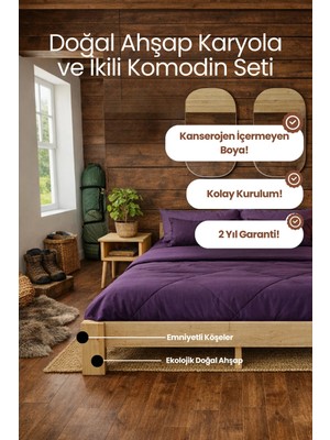 Renazzo Mobilya Soft Model Masif Ahşap Karyola ve 2 Adet Komodin Kolay Kurulum Fırınlanmış Ithal Sibirya Çamı 90X200 Yatak Uyumlu 2 Adet Komodin