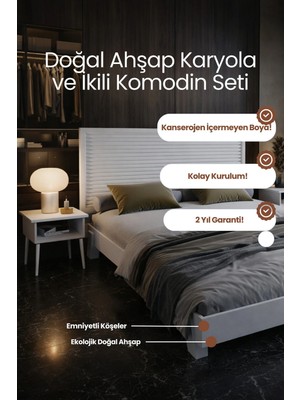 Renazzo Mobilya Alaz Model Yatay Başlıklı Masif Ahşap Karyola ve 2 Adet Komodin Kolay Kurulum Fırınlanmış Ithal Sibirya Çamı 120X200 Yatak Uyumlu 2 Adet Komodin