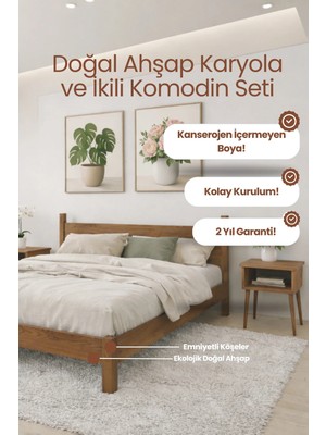 Renazzo Mobilya Mi̇rage Model Masif Ahşap Karyola ve 2 Adet Komodin Kolay Kurulum Fırınlanmış Ithal Sibirya Çamı 90X190 Yatak Uyumlu 2 Adet Komodin