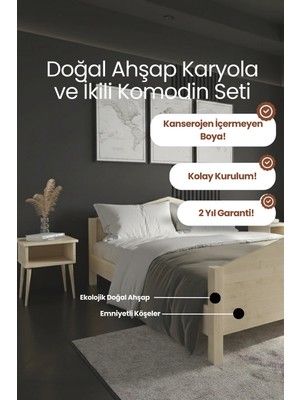 Renazzo Mobilya Mi̇lano Piramit Model Masif Ahşap Karyola ve 2 Adet Komodin Kolay Kurulum Fırınlanmış Ithal Sibirya Çamı 100X200 Yatak Uyumlu 2 Adet Komodin