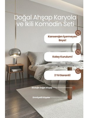 Renazzo Mobilya Melodi̇ Model Masif Ahşap Karyola ve 2 Adet Komodin Kolay Kurulum Fırınlanmış Ithal Sibirya Çamı 90X190 Yatak Uyumlu 2 Adet Komodin