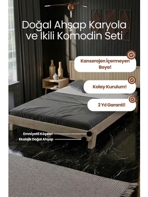Renazzo Mobilya Ebruli̇ Model Dikey Başlıklı Masif Ahşap Karyola ve 2 Adet Komodin Kolay Kurulum Fırınlanmış Ithal Sibirya Çamı 90X200 Yatak Uyumlu 2 Adet Komodin