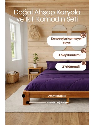 Renazzo Mobilya Soft Model Masif Ahşap Karyola ve 2 Adet Komodin Kolay Kurulum Fırınlanmış Ithal Sibirya Çamı 90X200 Yatak Uyumlu 2 Adet Komodin