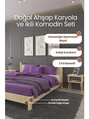 Renazzo Mobilya Mi̇rage Model Masif Ahşap Karyola ve 2 Adet Komodin Kolay Kurulum Fırınlanmış Ithal Sibirya Çamı 90X200 Yatak Uyumlu 2 Adet Komodin