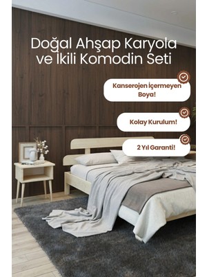Renazzo Mobilya Lotus New Model Masif Ahşap Karyola ve 2 Adet Komodin Kolay Kurulum Fırınlanmış Ithal Sibirya Çamı 120X200 Yatak Uyumlu 2 Adet Komodin