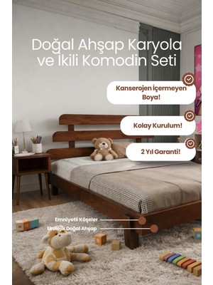 Renazzo Mobilya Lotus x Model Masif Ahşap Karyola ve 2 Adet Komodin Kolay Kurulum Fırınlanmış Ithal Sibirya Çamı 90X190 Yatak Uyumlu 2 Adet Komodin