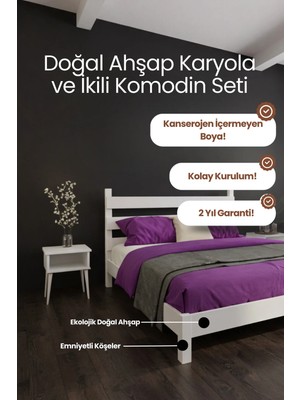 Renazzo Mobilya Natura Model Masif Ahşap Karyola ve 2 Adet Komodin Kolay Kurulum Fırınlanmış Ithal Sibirya Çamı 90X200 Yatak Uyumlu 2 Adet Komodin