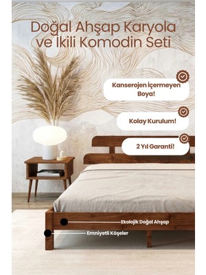 Renazzo Mobilya Lotus Model Masif Ahşap Karyola ve 2 Adet Komodin Kolay Kurulum Fırınlanmış Ithal Sibirya Çamı 90X190 Yatak Uyumlu 2 Adet Komodin
