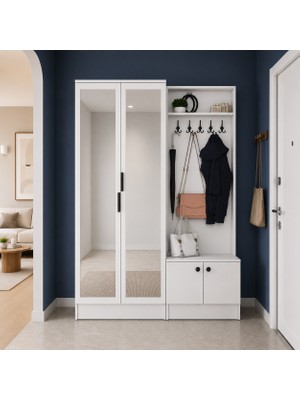 Rani Mobilya Rani EA175 Modern Portmanto 4 Kapaklı Aynalı Raflı Askılı Ayakkabılık Vestiyer Beyaz