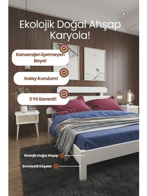 Renazzo Mobilya Lotus x Model Masif Ahşap Karyola ve 2 Adet Komodin Kolay Kurulum Fırınlanmış Ithal Sibirya Çamı 90X190 Yatak Uyumlu 2 Adet Komodin