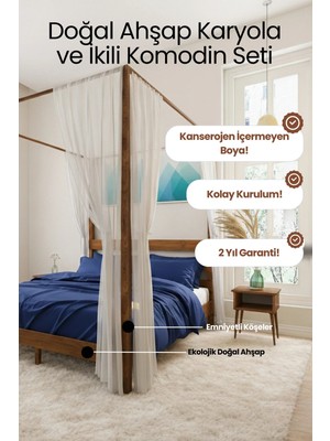 Renazzo Mobilya Natura  Ci̇bi̇nli̇kli̇ Model Masif Ahşap Karyola ve 2 Adet Komodin Kolay Kurulum Fırınlanmış Ithal Sibirya Çamı 120X200 Yatak Uyumlu 2 Adet Komodin