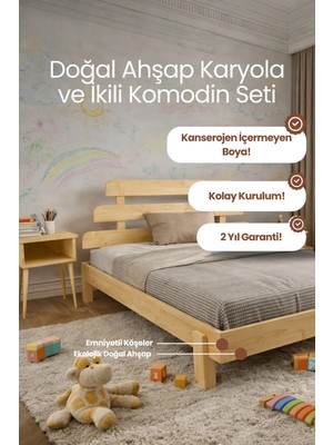 Renazzo Mobilya Lotus x Model Masif Ahşap Karyola ve 2 Adet Komodin Kolay Kurulum Fırınlanmış Ithal Sibirya Çamı 90X200 Yatak Uyumlu 2 Adet Komodin