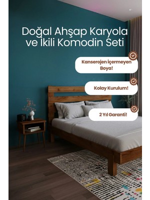 Renazzo Mobilya Urban New Model Masif Ahşap Karyola ve 2 Adet Komodin Kolay Kurulum Fırınlanmış Ithal Sibirya Çamı 90X190 Yatak Uyumlu 2 Adet Komodin