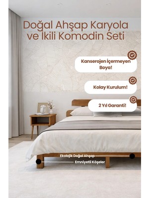Renazzo Mobilya Lotus New Model Masif Ahşap Karyola ve 2 Adet Komodin Kolay Kurulum Fırınlanmış Ithal Sibirya Çamı 90X190 Yatak Uyumlu 2 Adet Komodin