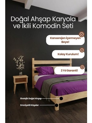 Renazzo Mobilya Natura Model Masif Ahşap Karyola ve 2 Adet Komodin Kolay Kurulum Fırınlanmış Ithal Sibirya Çamı 120X200 Yatak Uyumlu 2 Adet Komodin