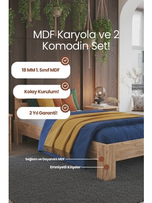 Renazzo Mobilya Letto Tek Kişilik Mdf Karyola ve 2 Komodinli Set