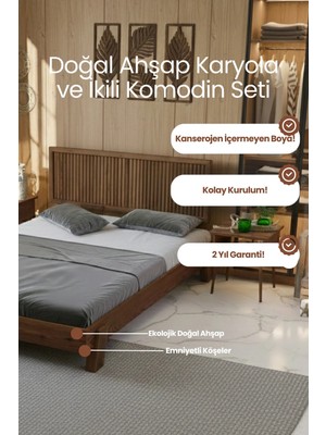 Renazzo Mobilya Alaz Model Dikey Başlıklı Masif Ahşap Karyola ve 2 Adet Komodin Kolay Kurulum Fırınlanmış Ithal Sibirya Çamı 90X190 Yatak Uyumlu 2 Adet Komodin