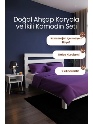 Renazzo Mobilya Urban Model Masif Ahşap Karyola ve 2 Adet Komodin Kolay Kurulum Fırınlanmış Ithal Sibirya Çamı 90X200 Yatak Uyumlu 2 Adet Komodin