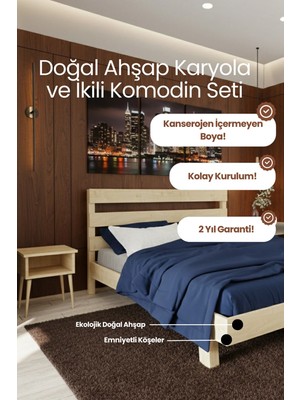 Renazzo Mobilya Natura New Model Masif Ahşap Karyola ve 2 Adet Komodin Kolay Kurulum Fırınlanmış Ithal Sibirya Çamı 140X200 Yatak Uyumlu 2 Adet Komodin