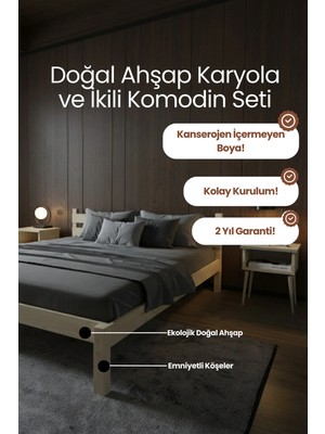 Renazzo Mobilya Letto Model Masif Ahşap Karyola ve 2 Adet Komodin Kolay Kurulum Fırınlanmış Ithal Sibirya Çamı 120X200 Yatak Uyumlu 2 Adet Komodin