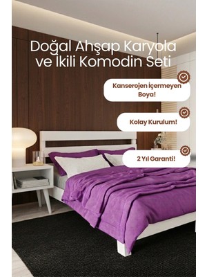 Renazzo Mobilya Natura New Model Masif Ahşap Karyola ve 2 Adet Komodin Kolay Kurulum Fırınlanmış Ithal Sibirya Çamı 200X200 Yatak Uyumlu 2 Adet Komodin