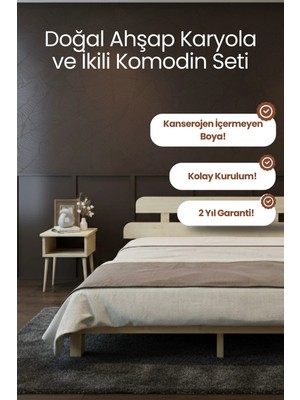 Renazzo Mobilya Lotus Model Masif Ahşap Karyola ve 2 Adet Komodin Kolay Kurulum Fırınlanmış Ithal Sibirya Çamı 120X200 Yatak Uyumlu 2 Adet Komodin