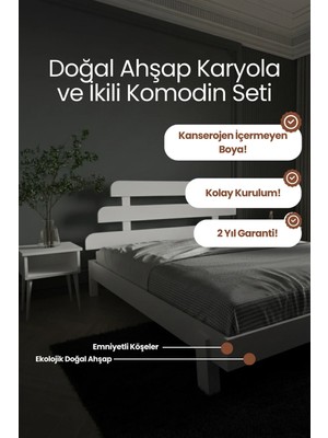 Renazzo Mobilya Lotus x Model Masif Ahşap Karyola ve 2 Adet Komodin Kolay Kurulum Fırınlanmış Ithal Sibirya Çamı 90X190 Yatak Uyumlu 2 Adet Komodin